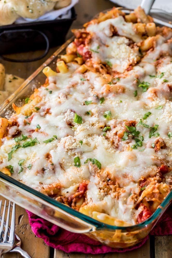 Bubbly hot baked ziti in casserole dish