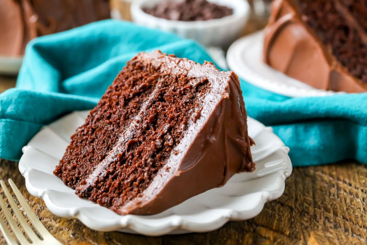 Slice of cake frosted with chocolate fudge frosting on a white plate.