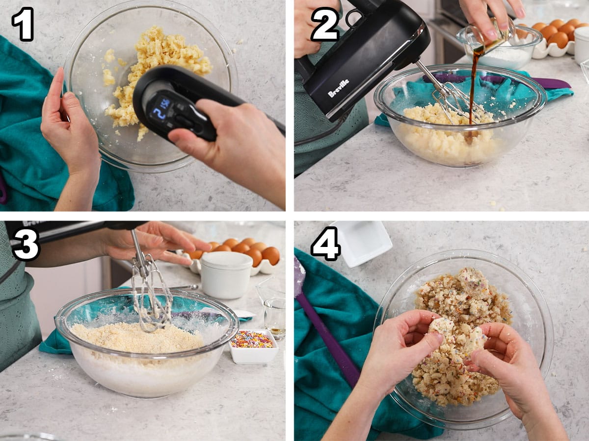 Four photos showing confetti cake crumbs being prepared.