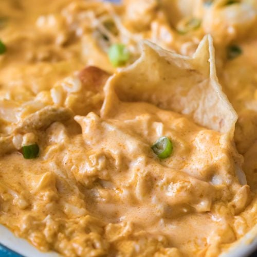 Tortilla chip in buffalo chicken dip
