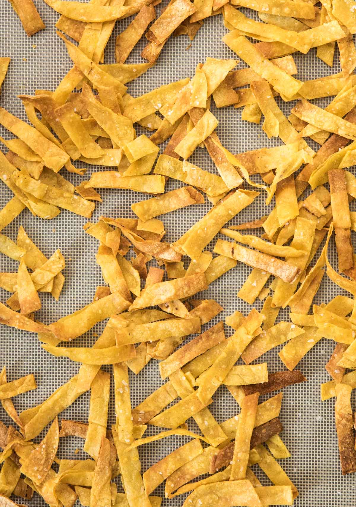 tortilla strips on baking sheet