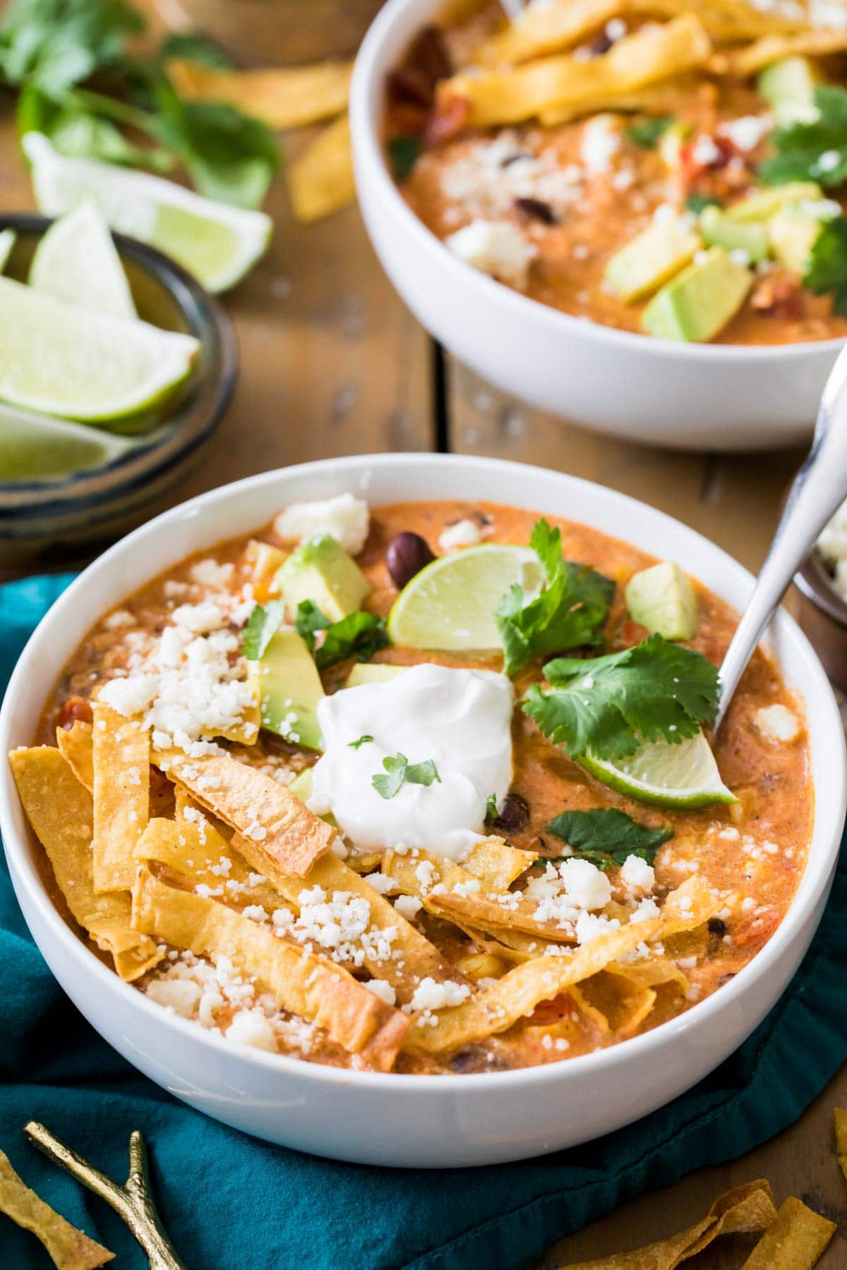 CHICKEN tortilla soup in white bowl