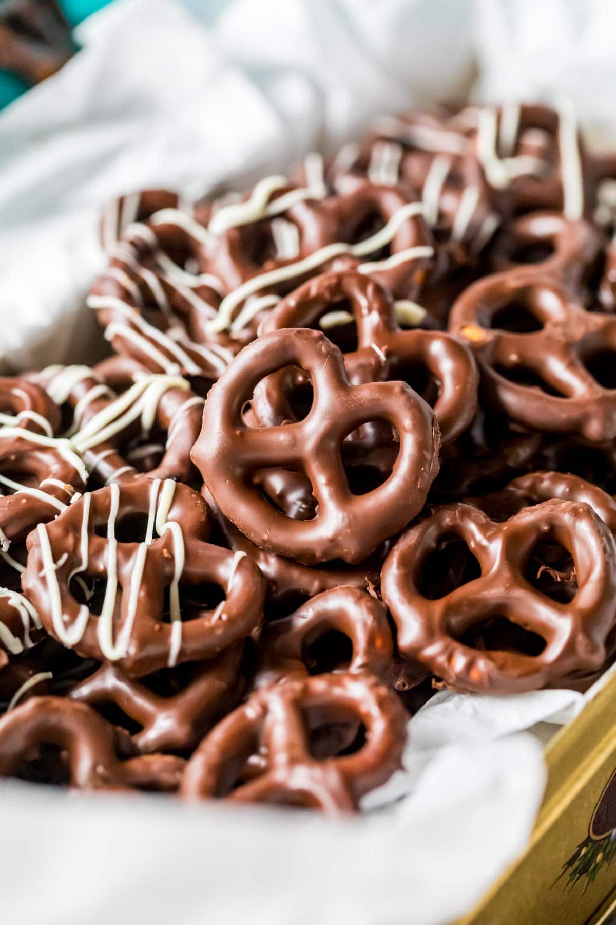 Close up view of chocolate covered pretzels.