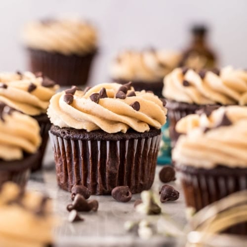 cookie dough frosting on chocolate cupcake