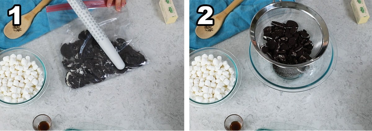 collage of two photos showing Oreo cookies being crushed and sifted 