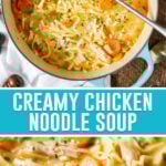 collage of creamy chicken noodle soup, top image photographed from above of soup in dutch oven, bottom image close up of soup itself