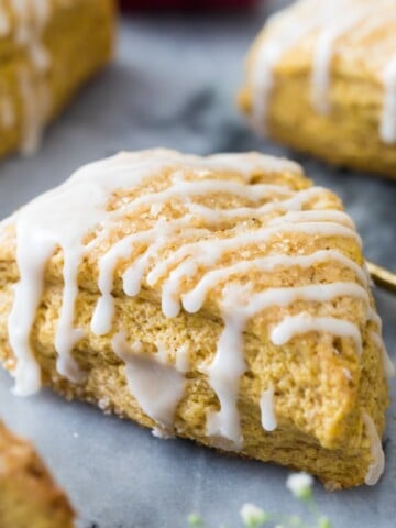 Pumpkin scone with icing drizzle