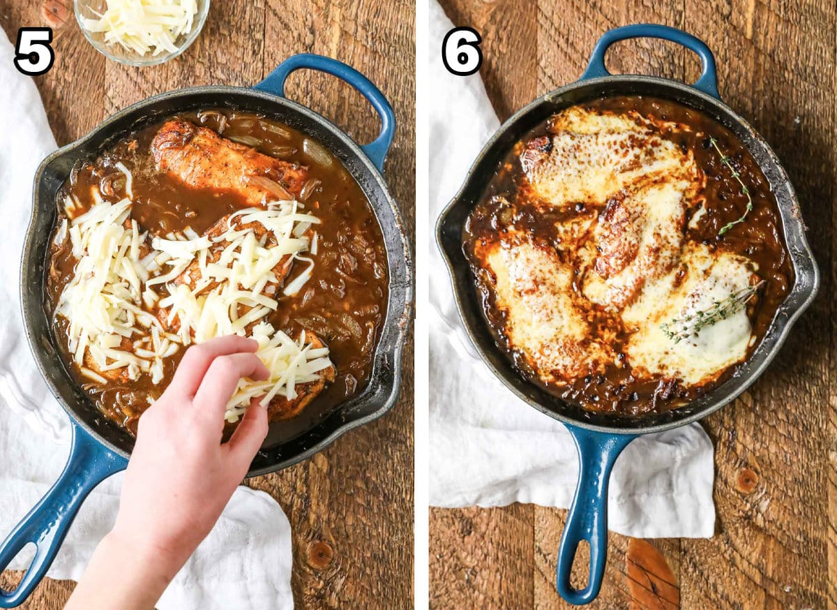 Collage of two photos showing french onion chicken being prepared, cheese being placed ontop of chicken and then melted