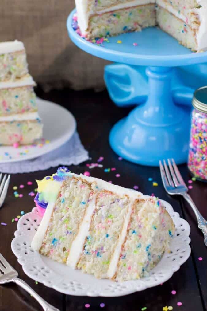 Fluffy slice of Funfetti cake from scratch || Sugar Spun Run