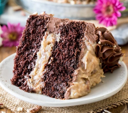 Slice of german chocolate cake on white plate