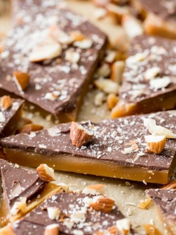 Chocolate and almond covered toffee made from a homemade toffee recipe.