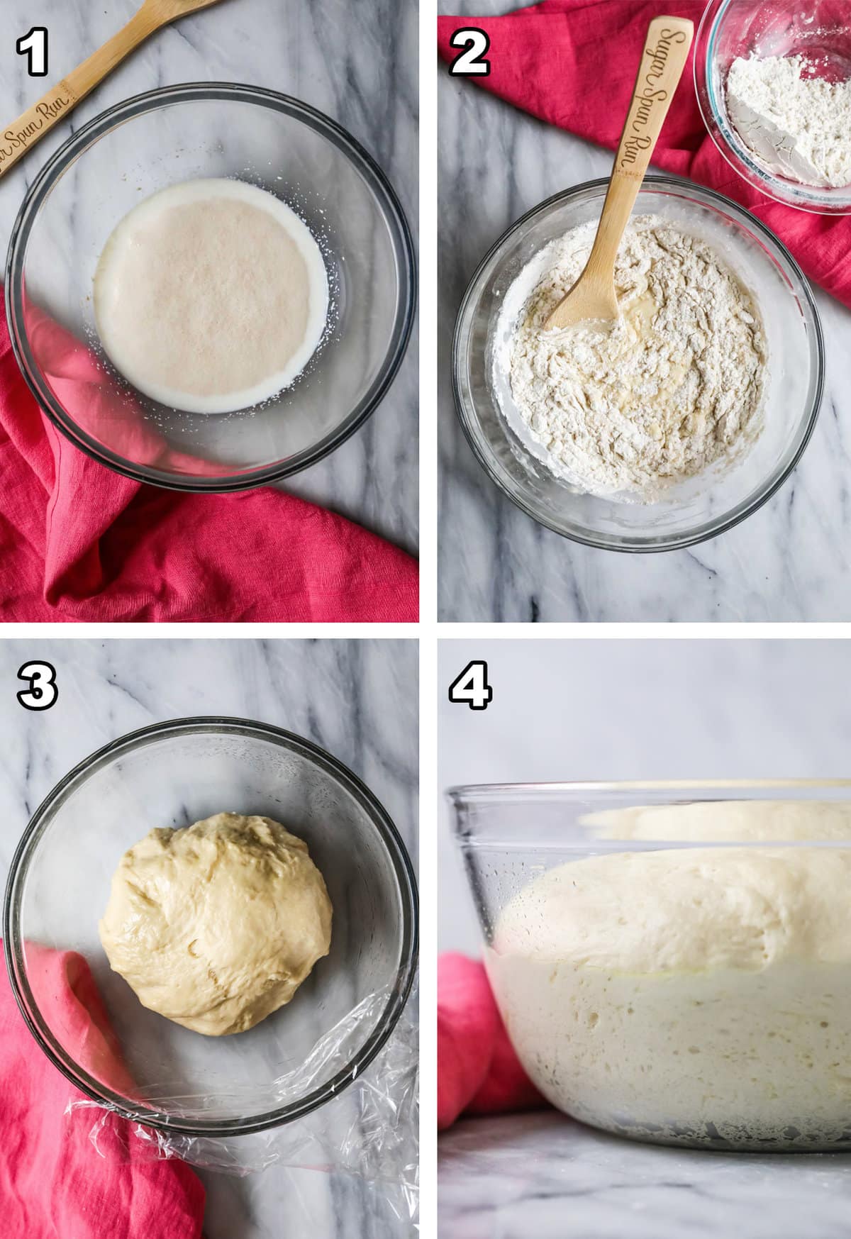 Four images showcasing how dinner rolls are made