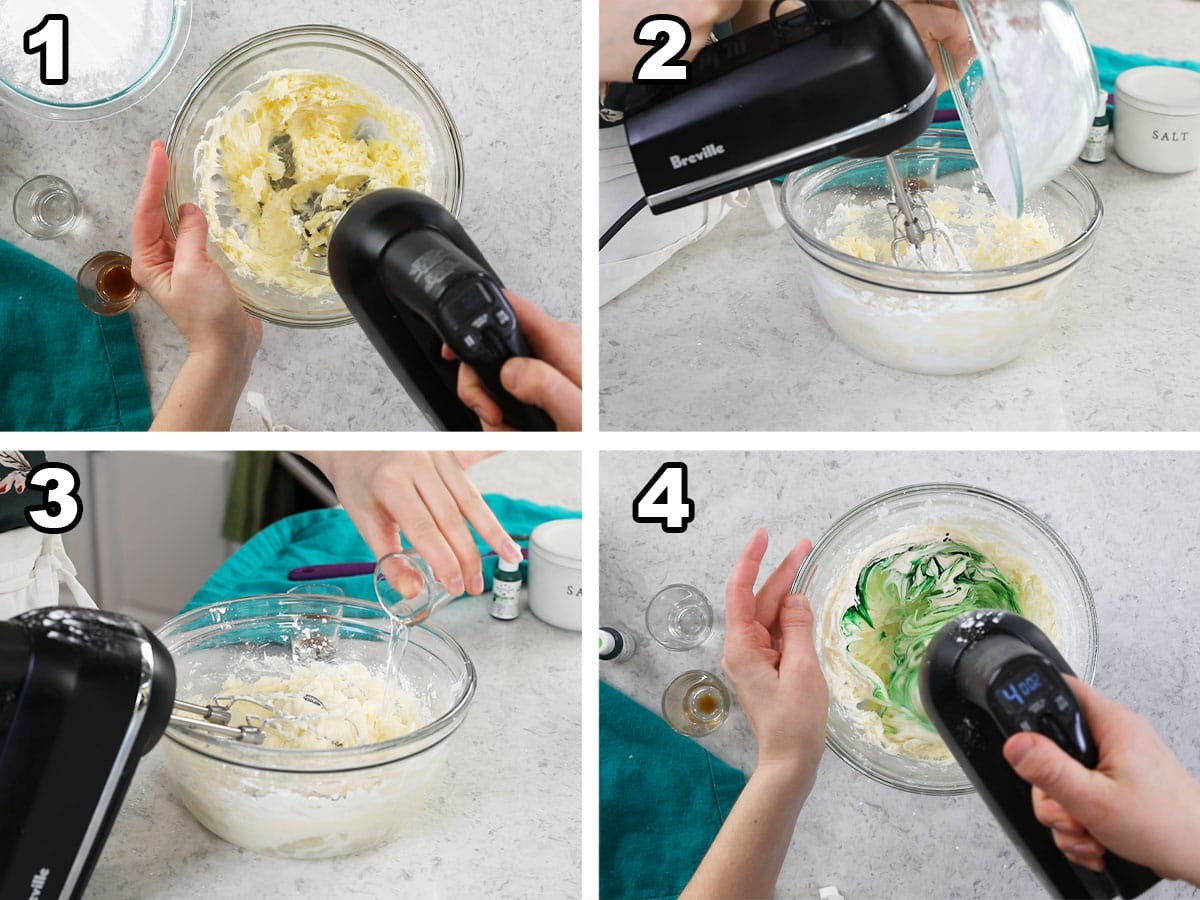 Four photos showing a mint frosting being prepared.