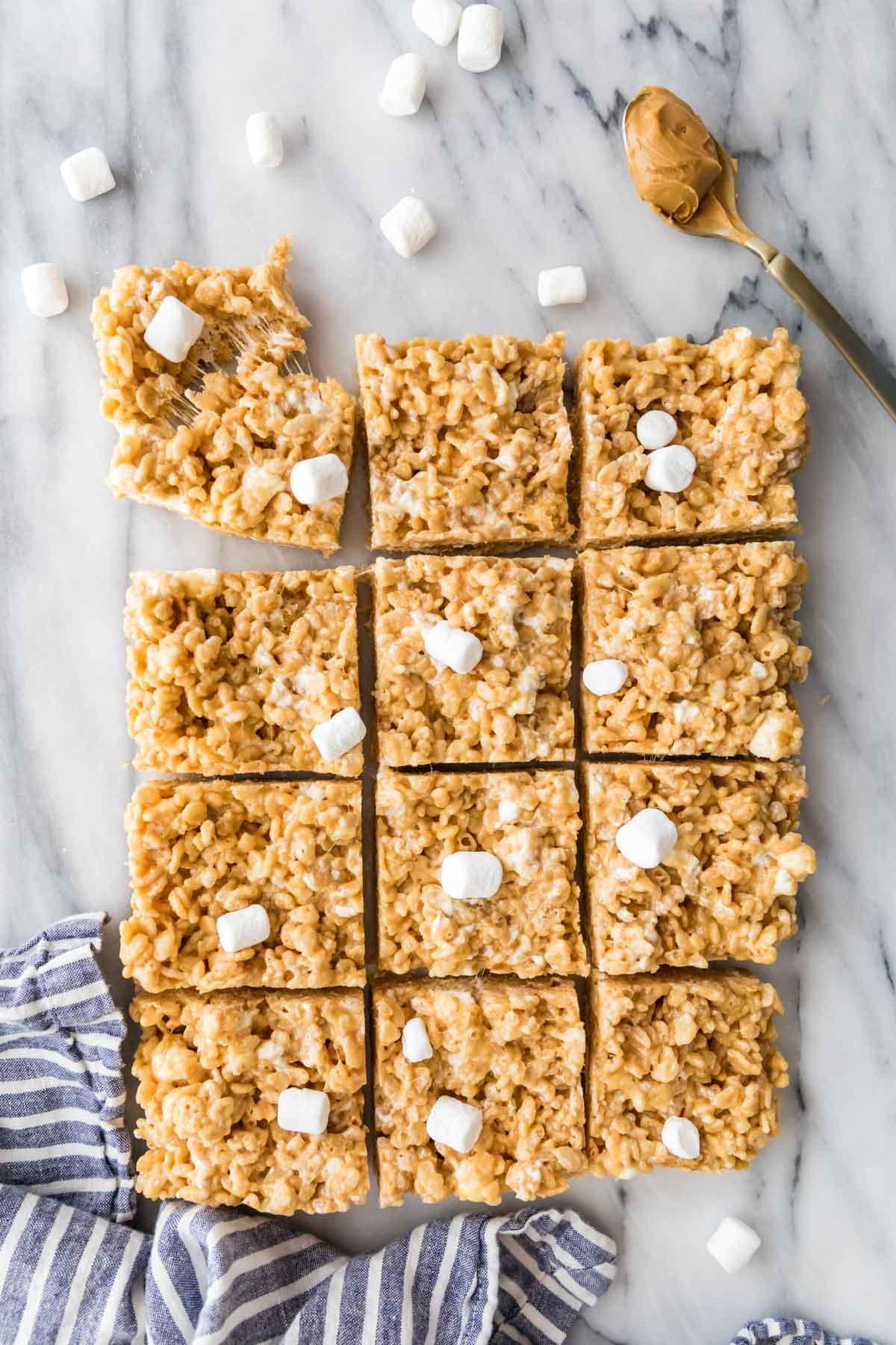 Overhead view of peanut butter rice krispie treats just after being cut.