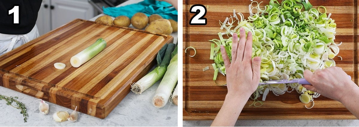 Two photos showing leeks being prepped for soup.