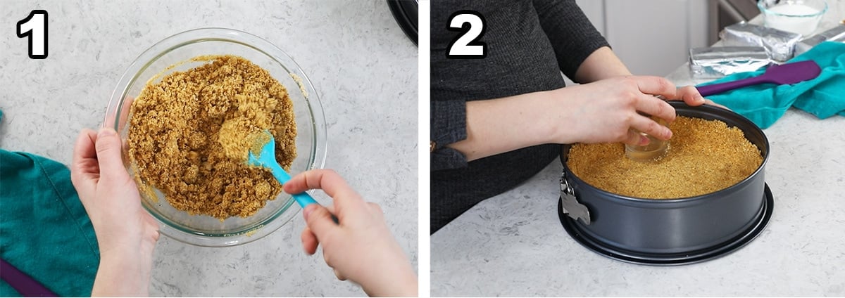 Two photos showing graham cracker crumbs being stirred together and pressed into a springform pan.