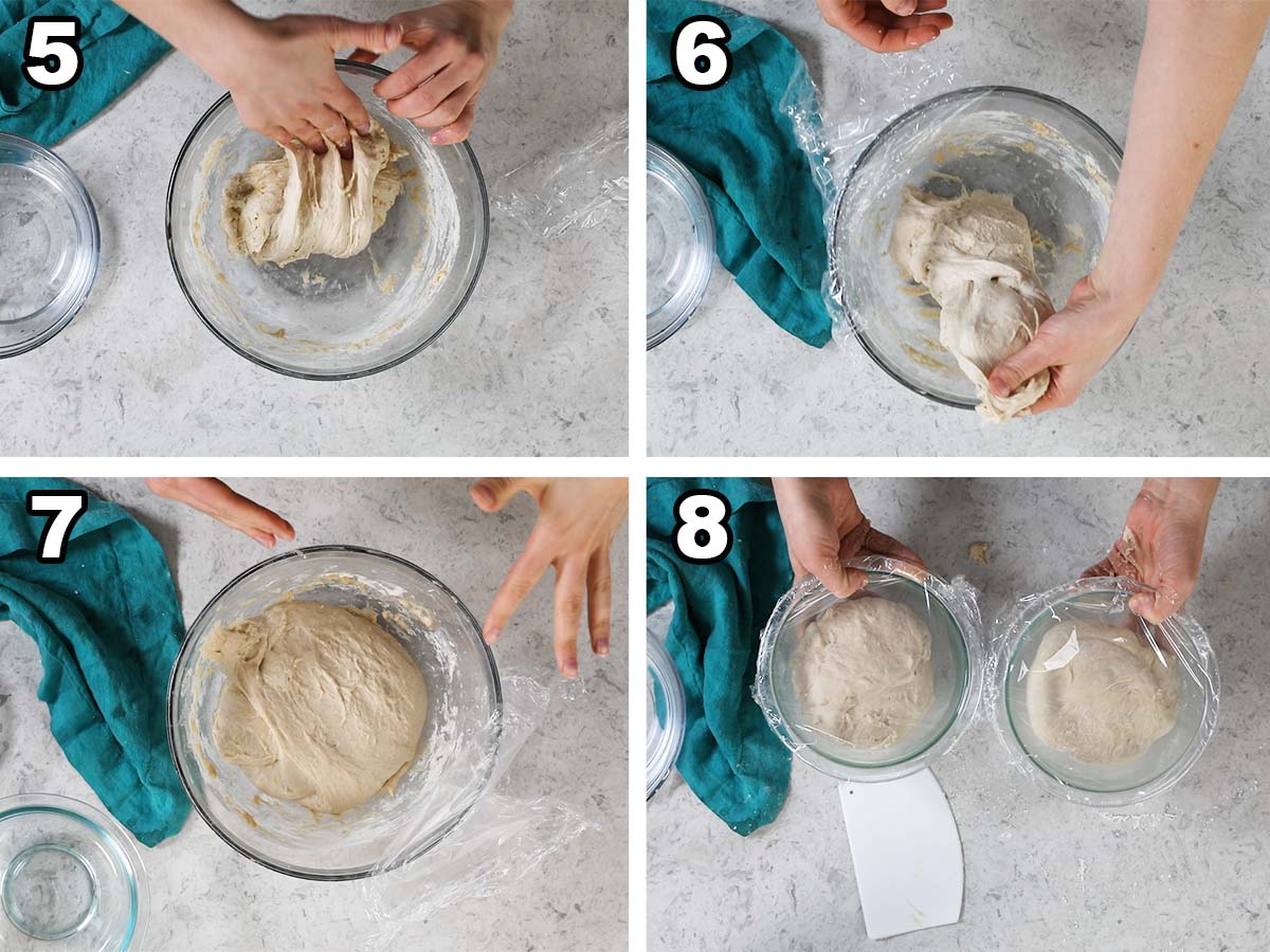 Collage of four photos showing dough being stretched and folded before being separated into two bowls.