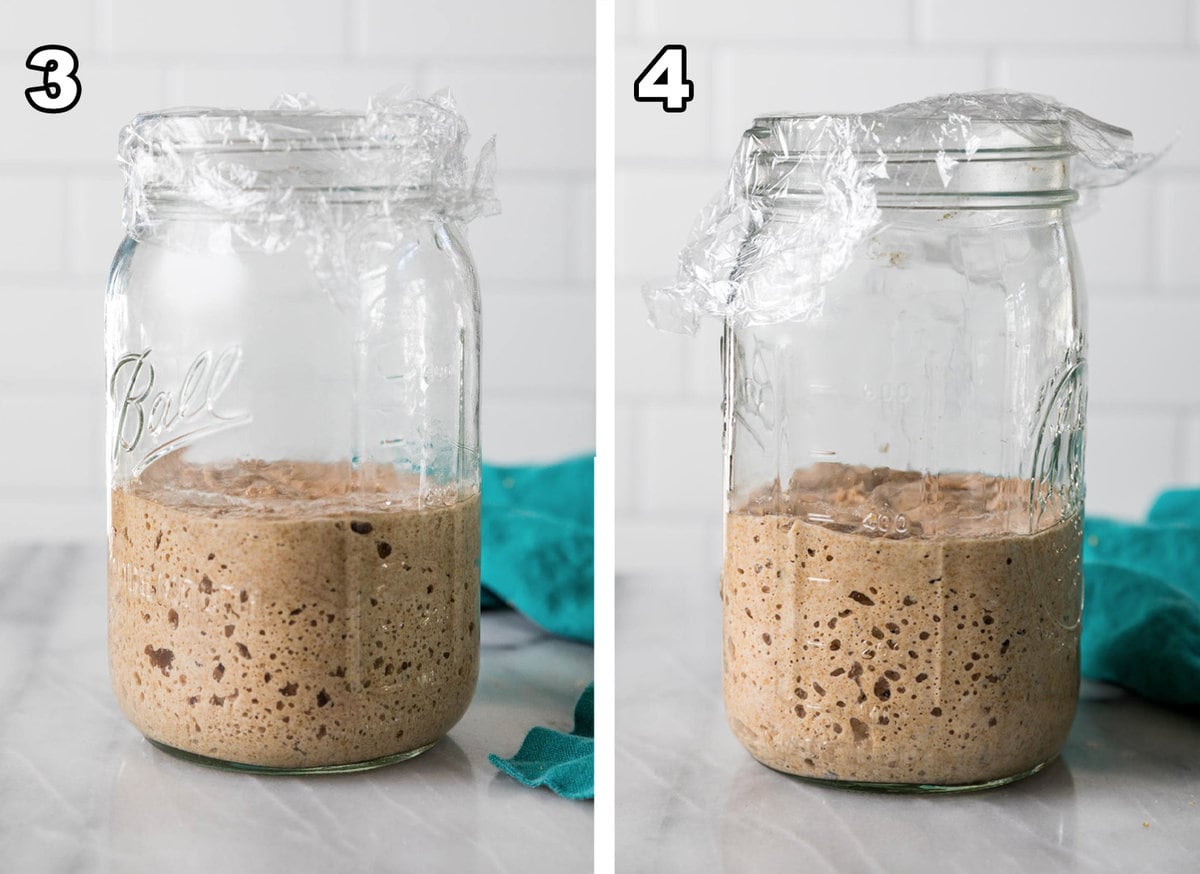Images of step 3 and 4 of making sourdough starter