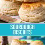 collage of sourdough biscuits, top image of three biscuits close up, bottom image same photographed from further away