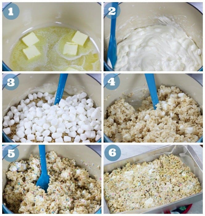 Collage of step by step instructions for Rice Krispie Treats