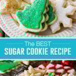 collage of easy sugar cookies, top image close up of cut-out cookies decorated on white plate, bottom image same as top further away