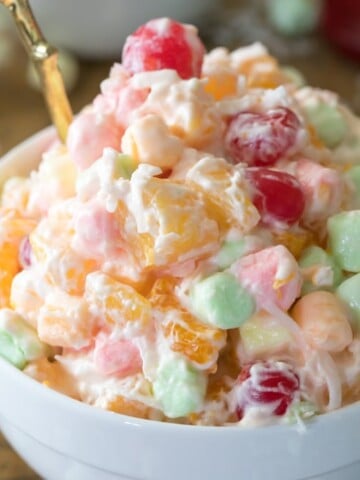 ambrosia salad in white bowl
