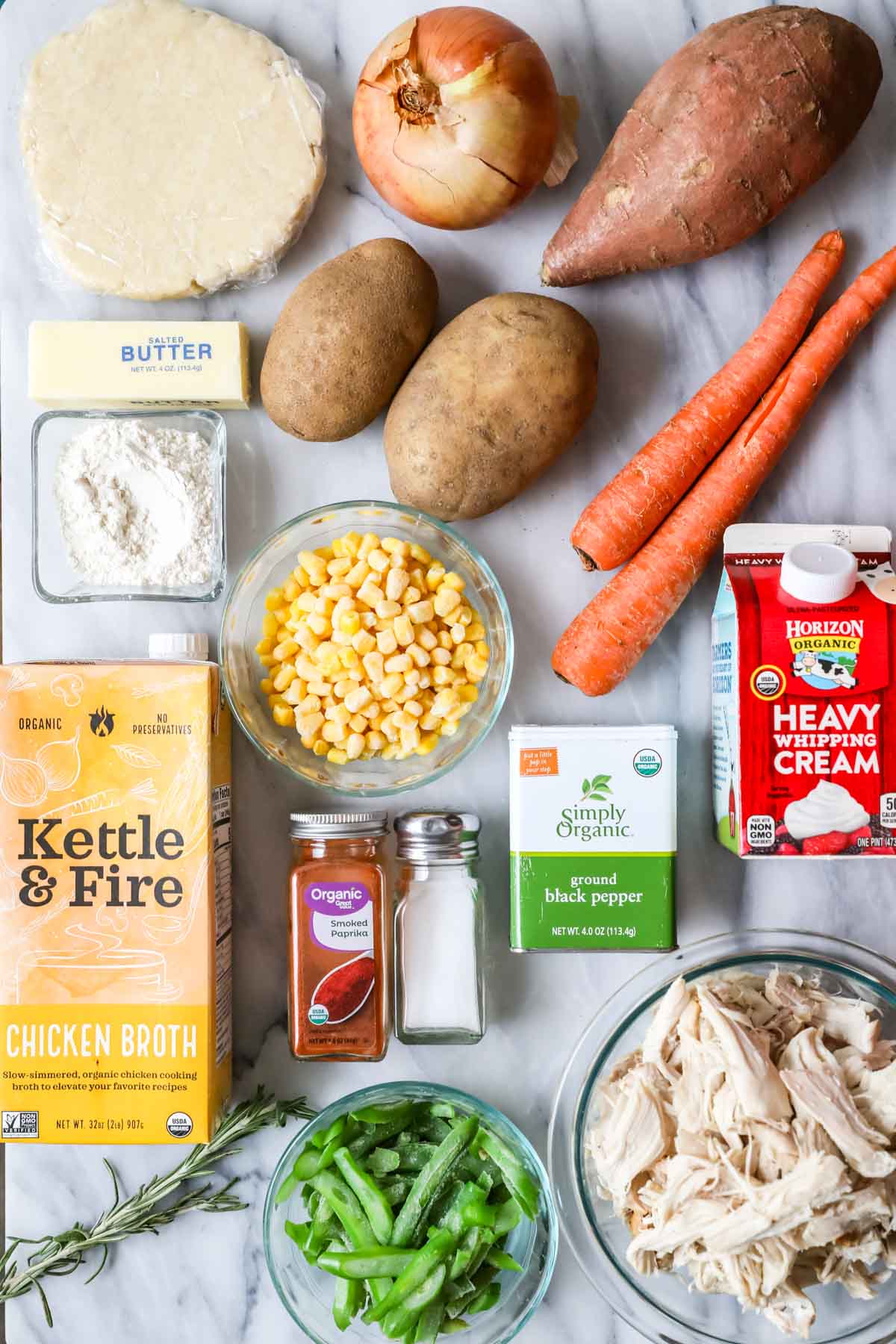 Overhead view of ingredients including turkey, potatoes, carrots, corn, and more.