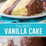 collage of vanilla cake, top image of single slice close up, bottom image same slice different angle